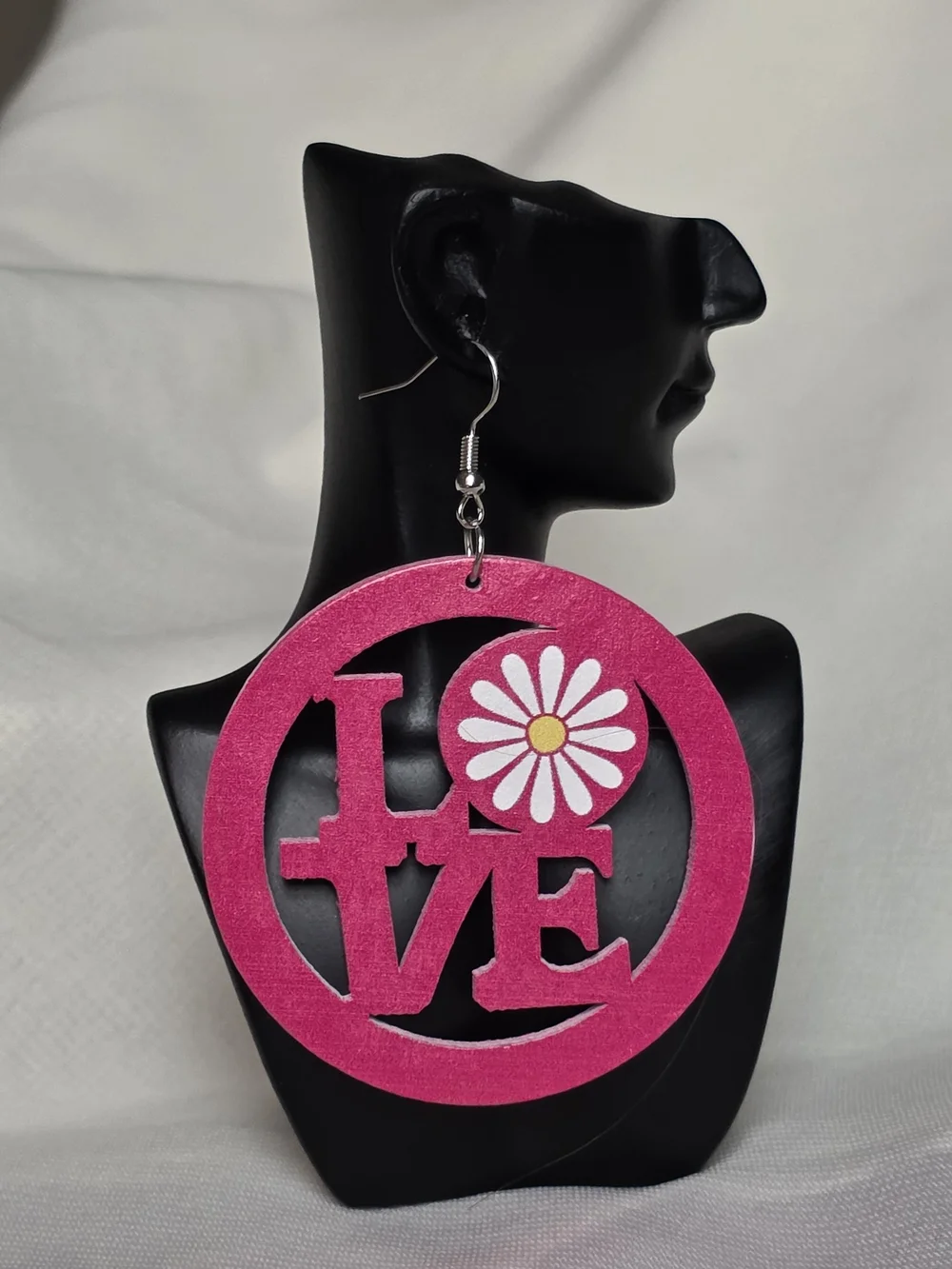 Fashion Jewelry Pink 'LOVE' Wooden Drop Earrings with Daisy Accent